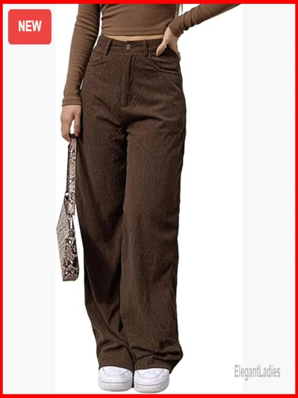 Corduroy Wide Leg Pants Women Elastic Waist Casual Trousers with Pockets